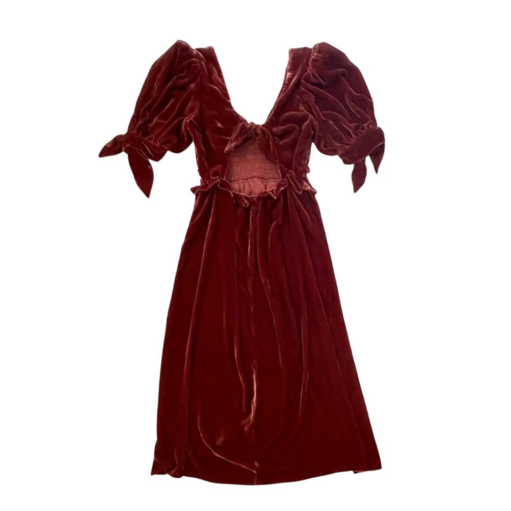 NWT Sea New York Mayde Velvet Puff Sleeve Smocked Midi Dress - Burgundy - Size M - Picture 4 of 8